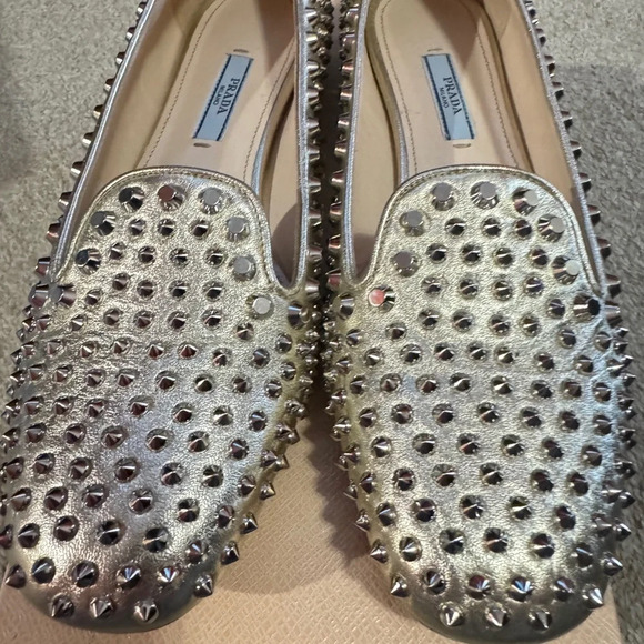 Gold Prada Flats with Spikes - Picture 1 of 4